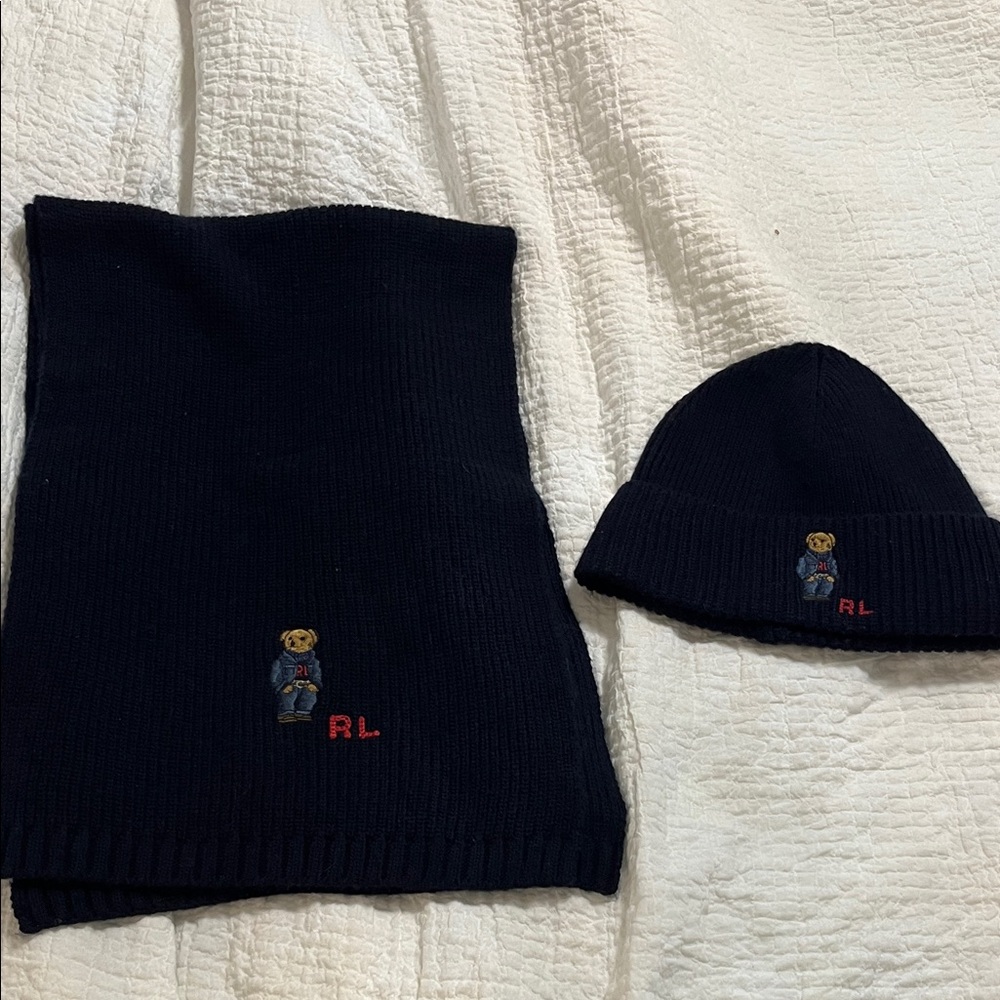 Ralph Lauren Navy Knit Hat and Scarf Set